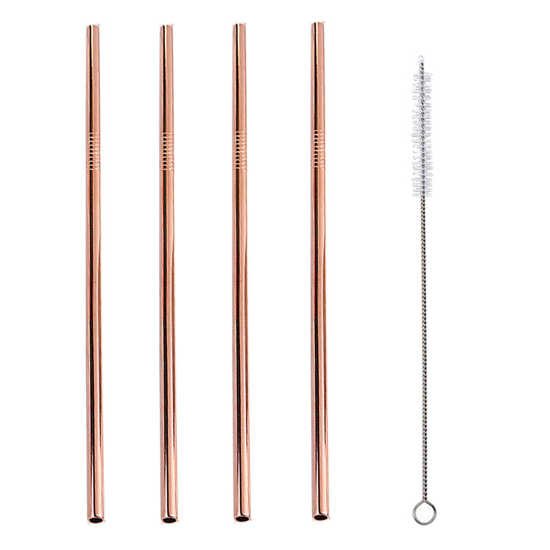 Set of 4 Prime Quality Metal Copper Cocktail Drinking Straws with Cleaning Brush