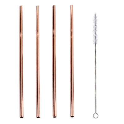 Set of 4 Prime Quality Metal Copper Cocktail Drinking Straws with Cleaning Brush